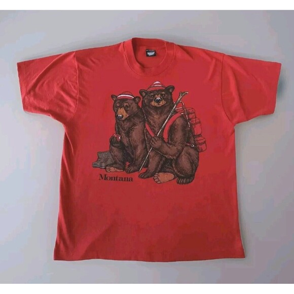 Vintage Shirt XL Unisex Screen Stars 1986 Red Montana Camping Bears T-shirt - Picture 2 of 10